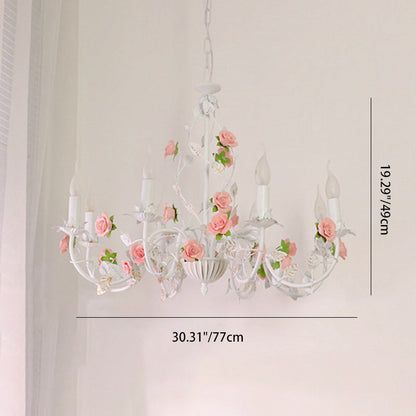 Traditional French Romantic Ceramic Flowers Plants Decor Iron Frame 3/6/8-Light Chandelier For Living Room