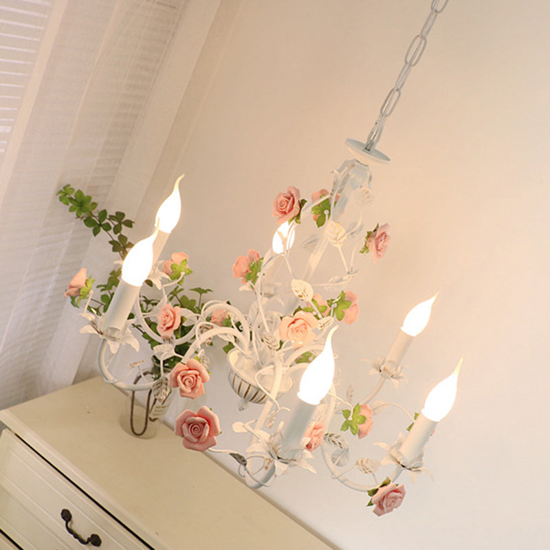 Traditional French Romantic Ceramic Flowers Plants Decor Iron Frame 3/6/8-Light Chandelier For Living Room