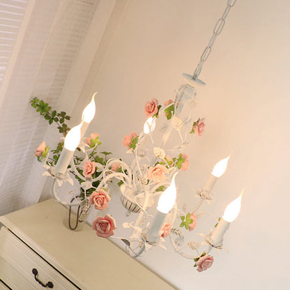 Traditional French Romantic Ceramic Flowers Plants Decor Iron Frame 3/6/8-Light Chandelier For Living Room