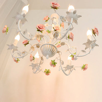 Traditional French Romantic Ceramic Flowers Plants Decor Iron Frame 3/6/8-Light Chandelier For Living Room
