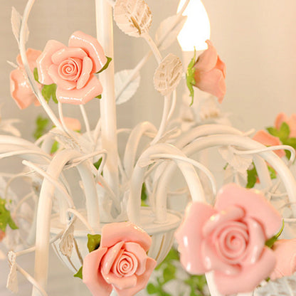 Traditional French Romantic Ceramic Flowers Plants Decor Iron Frame 3/6/8-Light Chandelier For Living Room