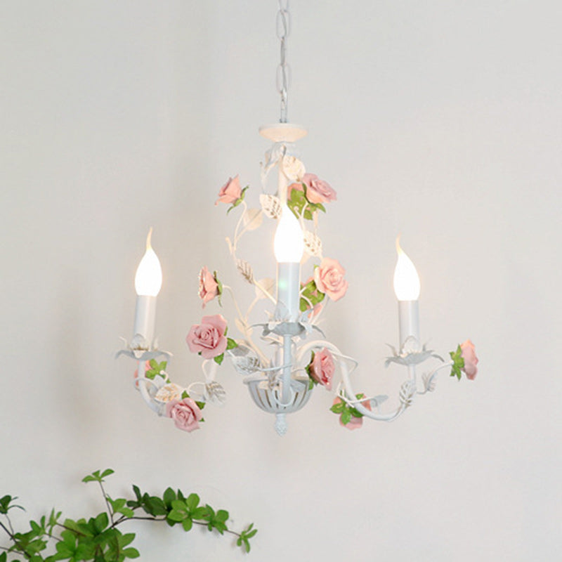 Traditional French Romantic Ceramic Flowers Plants Decor Iron Frame 3/6/8-Light Chandelier For Living Room