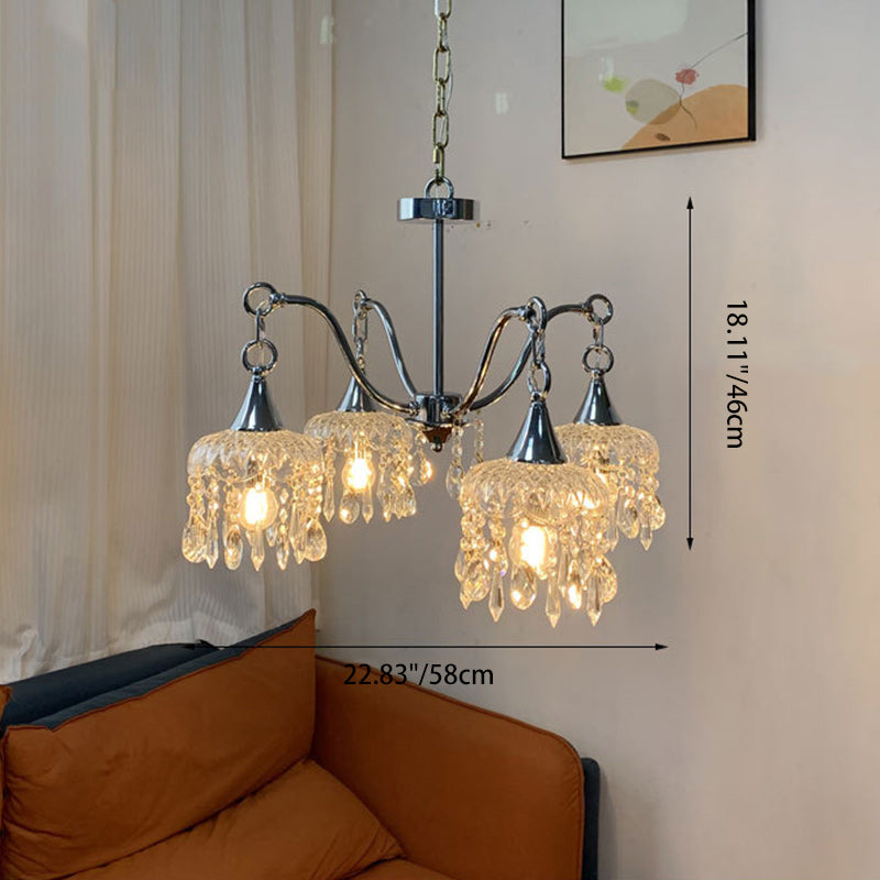 Traditional French Iron Frame Flower Glass Crystal String 4/6-Light Chandelier For Living Room