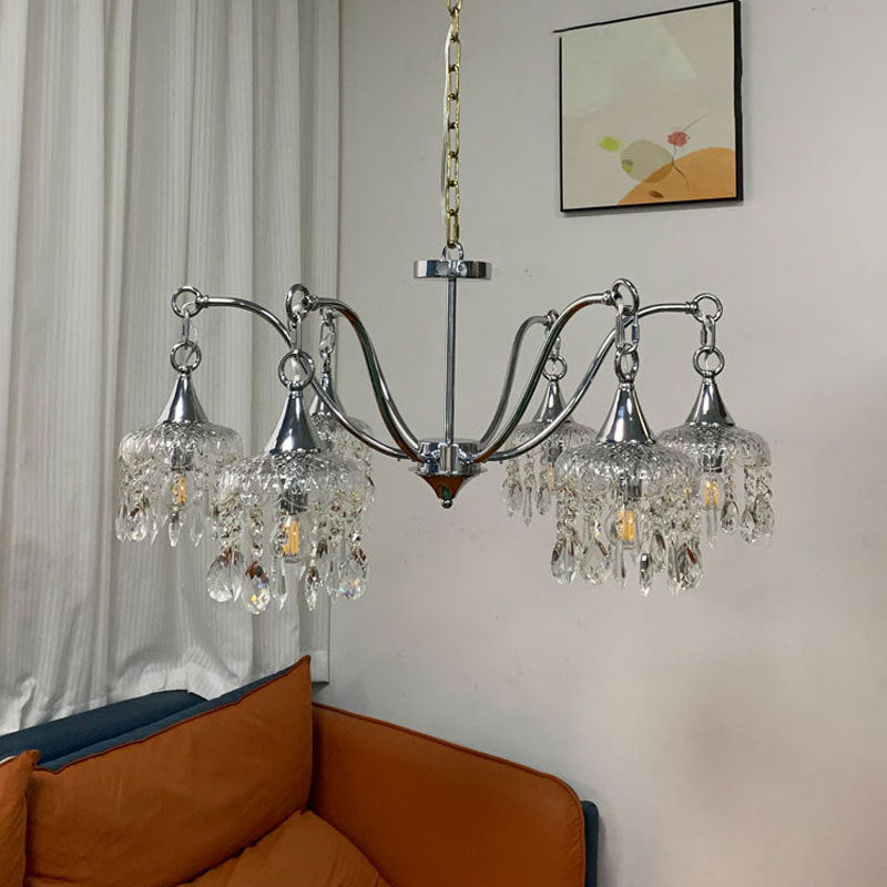 Traditional French Iron Frame Flower Glass Crystal String 4/6-Light Chandelier For Living Room