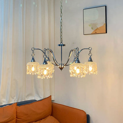 Traditional French Iron Frame Flower Glass Crystal String 4/6-Light Chandelier For Living Room