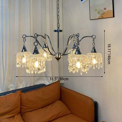 Traditional French Iron Frame Flower Glass Crystal String 4/6-Light Chandelier For Living Room