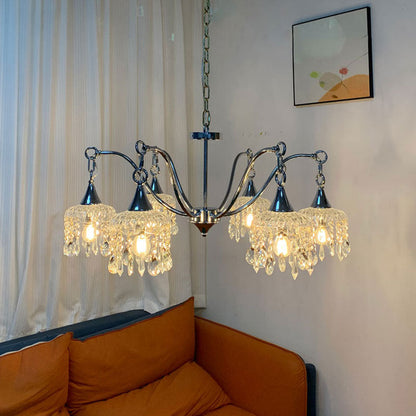Traditional French Iron Frame Flower Glass Crystal String 4/6-Light Chandelier For Living Room