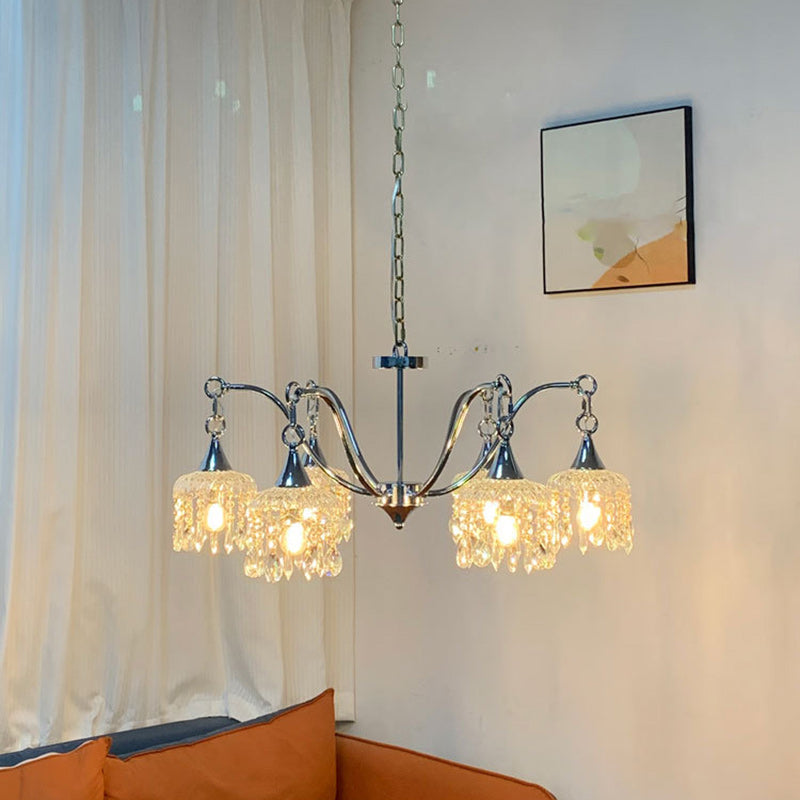 Traditional French Iron Frame Flower Glass Crystal String 4/6-Light Chandelier For Living Room