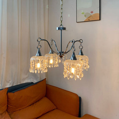 Traditional French Iron Frame Flower Glass Crystal String 4/6-Light Chandelier For Living Room