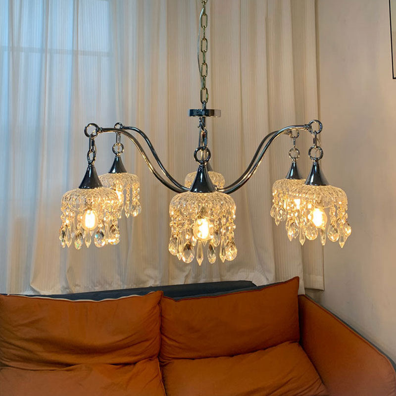 Traditional French Iron Frame Flower Glass Crystal String 4/6-Light Chandelier For Living Room