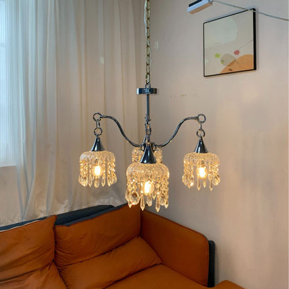Traditional French Iron Frame Flower Glass Crystal String 4/6-Light Chandelier For Living Room