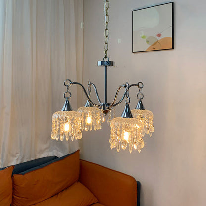 Traditional French Iron Frame Flower Glass Crystal String 4/6-Light Chandelier For Living Room