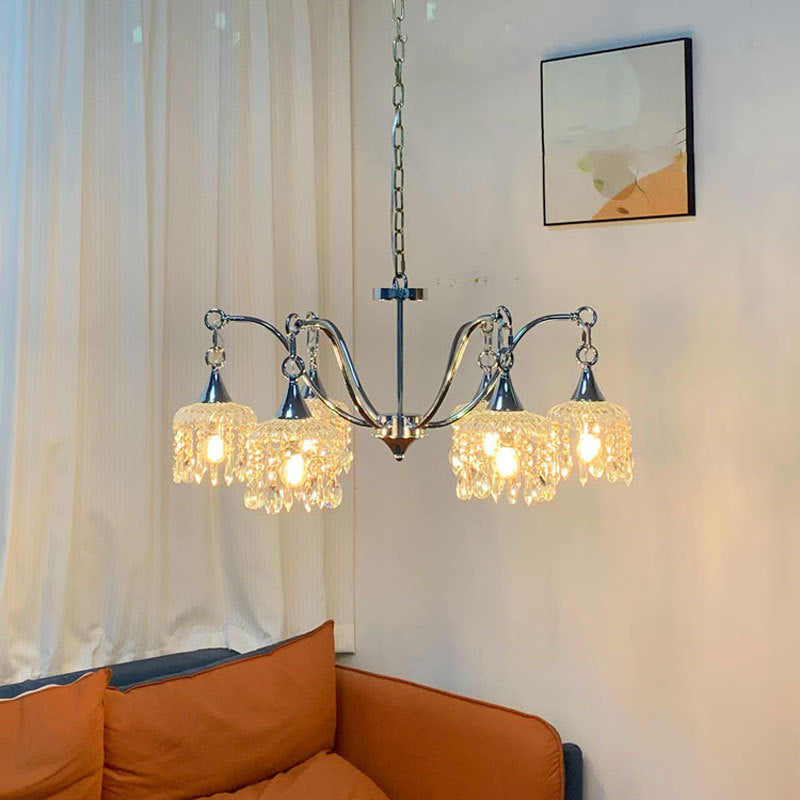 Traditional French Iron Frame Flower Glass Crystal String 4/6-Light Chandelier For Living Room