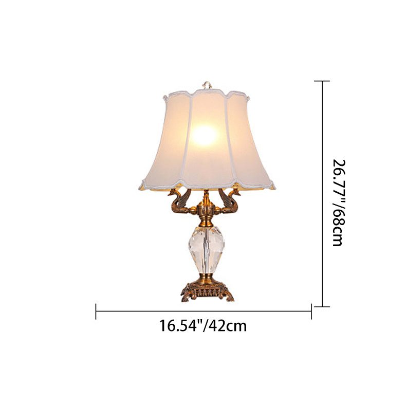 Traditional Vintage Fabric Bell Shade Crystal Carving Zinc Alloy Base 3-Light Table Lamp For Bedroom