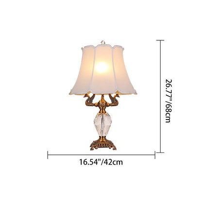 Traditional Vintage Fabric Bell Shade Crystal Carving Zinc Alloy Base 3-Light Table Lamp For Bedroom
