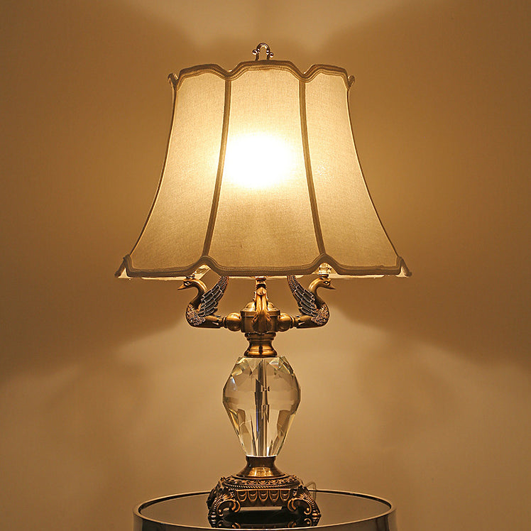Traditional Vintage Fabric Bell Shade Crystal Carving Zinc Alloy Base 3-Light Table Lamp For Bedroom