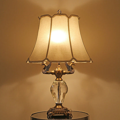 Traditional Vintage Fabric Bell Shade Crystal Carving Zinc Alloy Base 3-Light Table Lamp For Bedroom