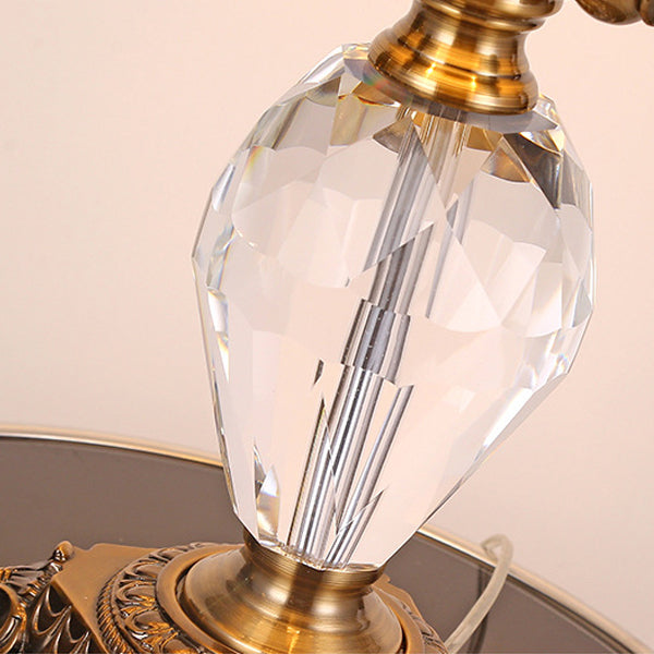 Traditional Vintage Fabric Bell Shade Crystal Carving Zinc Alloy Base 3-Light Table Lamp For Bedroom