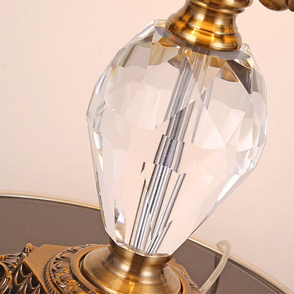 Traditional Vintage Fabric Bell Shade Crystal Carving Zinc Alloy Base 3-Light Table Lamp For Bedroom