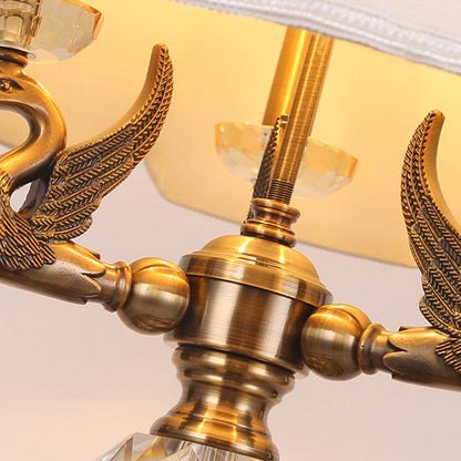 Traditional Vintage Fabric Bell Shade Crystal Carving Zinc Alloy Base 3-Light Table Lamp For Bedroom