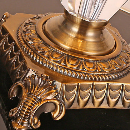 Traditional Vintage Fabric Bell Shade Crystal Carving Zinc Alloy Base 3-Light Table Lamp For Bedroom