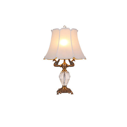 Traditional Vintage Fabric Bell Shade Crystal Carving Zinc Alloy Base 3-Light Table Lamp For Bedroom