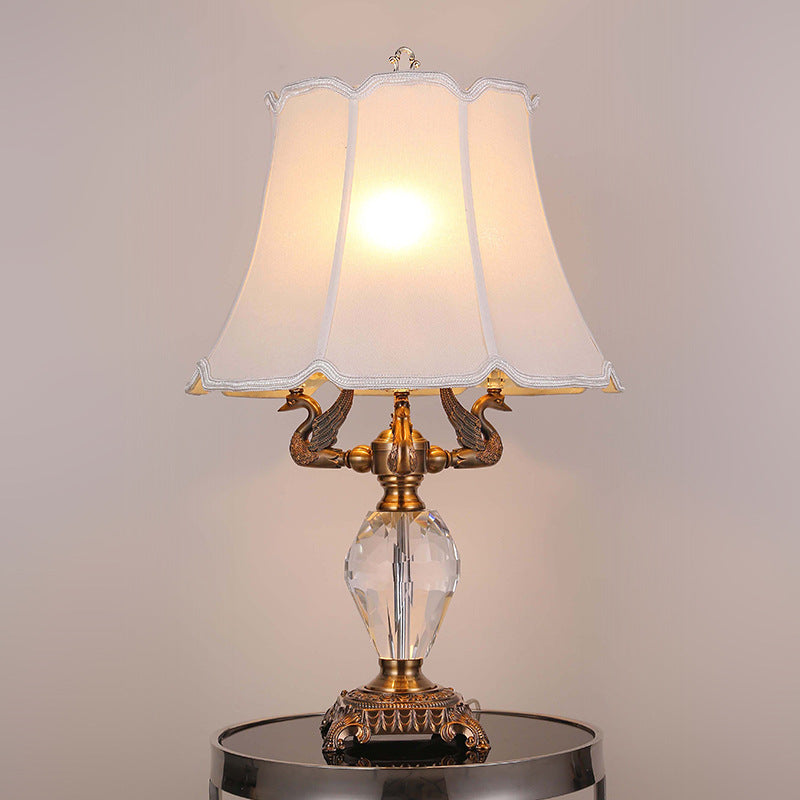 Traditional Vintage Fabric Bell Shade Crystal Carving Zinc Alloy Base 3-Light Table Lamp For Bedroom