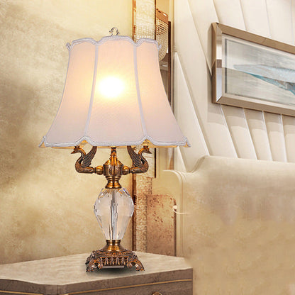 Traditional Vintage Fabric Bell Shade Crystal Carving Zinc Alloy Base 3-Light Table Lamp For Bedroom