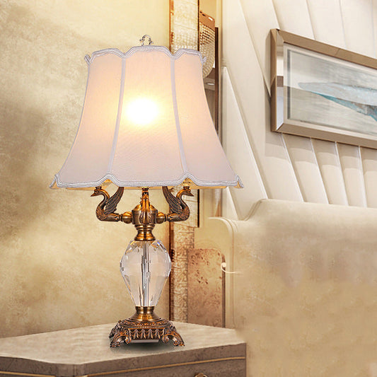 Traditional Vintage Fabric Bell Shade Crystal Carving Zinc Alloy Base 3-Light Table Lamp For Bedroom