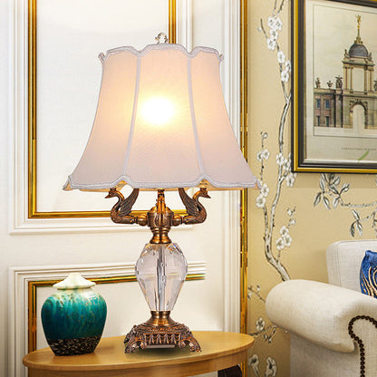 Traditional Vintage Fabric Bell Shade Crystal Carving Zinc Alloy Base 3-Light Table Lamp For Bedroom