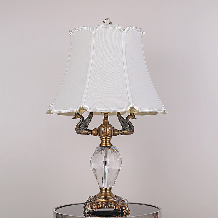 Traditional Vintage Fabric Bell Shade Crystal Carving Zinc Alloy Base 3-Light Table Lamp For Bedroom