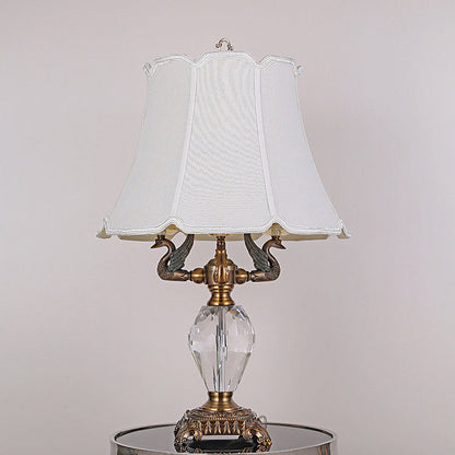 Traditional Vintage Fabric Bell Shade Crystal Carving Zinc Alloy Base 3-Light Table Lamp For Bedroom