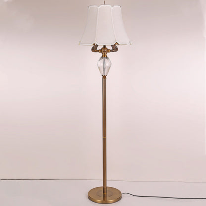 Traditional Vintage Fabric Bell Shade Crystal Carving Zinc Alloy Base 3-Light Standing Floor Lamp For Bedroom