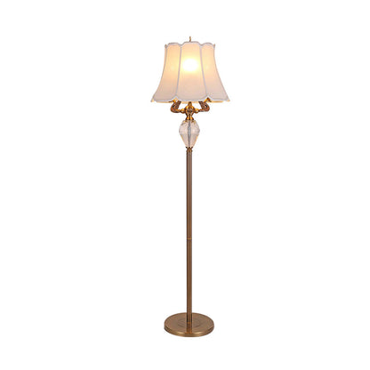 Traditional Vintage Fabric Bell Shade Crystal Carving Zinc Alloy Base 3-Light Standing Floor Lamp For Bedroom