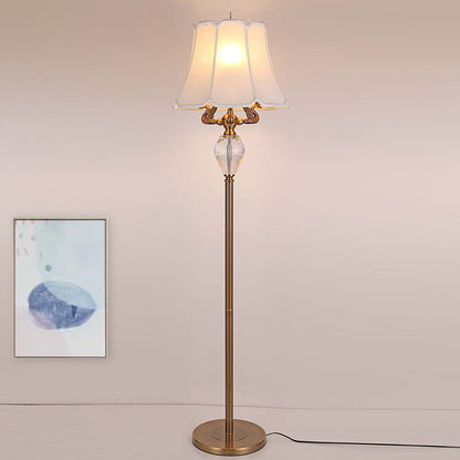 Traditional Vintage Fabric Bell Shade Crystal Carving Zinc Alloy Base 3-Light Standing Floor Lamp For Bedroom