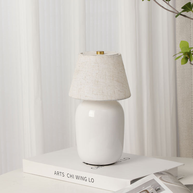 Contemporary Nordic Round Fabric Shade Ceramic 1-Light Table Lamp For Bedroom
