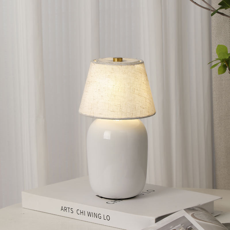 Contemporary Nordic Round Fabric Shade Ceramic 1-Light Table Lamp For Bedroom