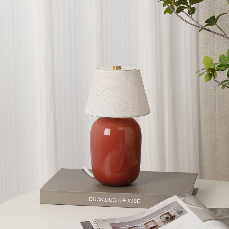 Contemporary Nordic Round Fabric Shade Ceramic 1-Light Table Lamp For Bedroom