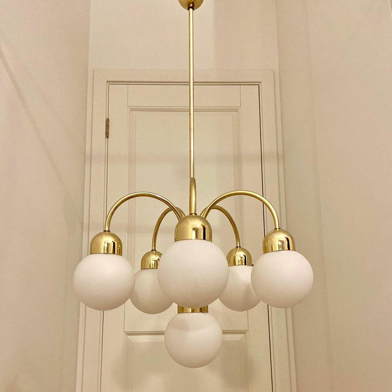 Modern Mid-Century Iron Arc Rod Glass Ball Shade 6-Light Chandelier For Living Room