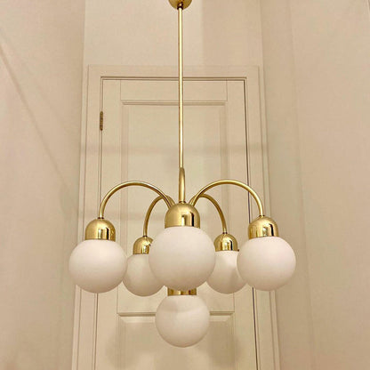 Modern Mid-Century Iron Arc Rod Glass Ball Shade 6-Light Chandelier For Living Room