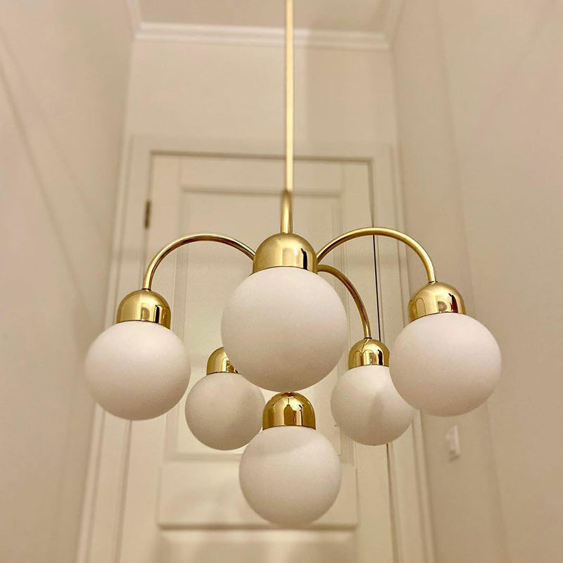 Modern Mid-Century Iron Arc Rod Glass Ball Shade 6-Light Chandelier For Living Room