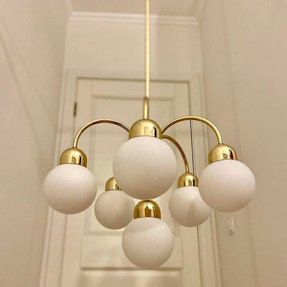 Modern Mid-Century Iron Arc Rod Glass Ball Shade 6-Light Chandelier For Living Room