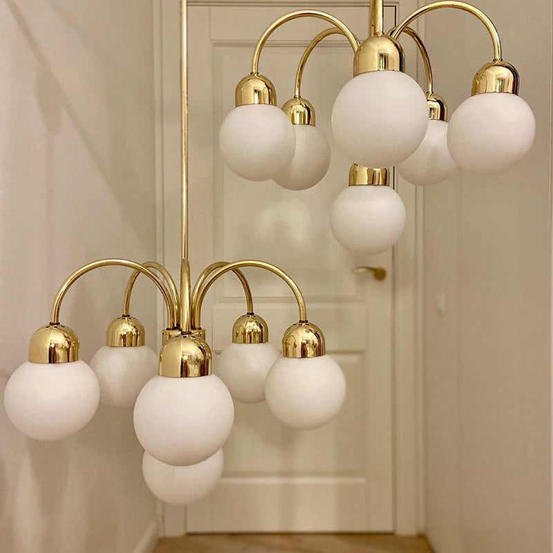 Modern Mid-Century Iron Arc Rod Glass Ball Shade 6-Light Chandelier For Living Room