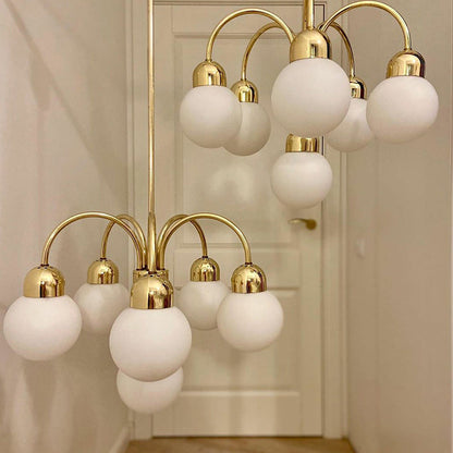 Modern Mid-Century Iron Arc Rod Glass Ball Shade 6-Light Chandelier For Living Room