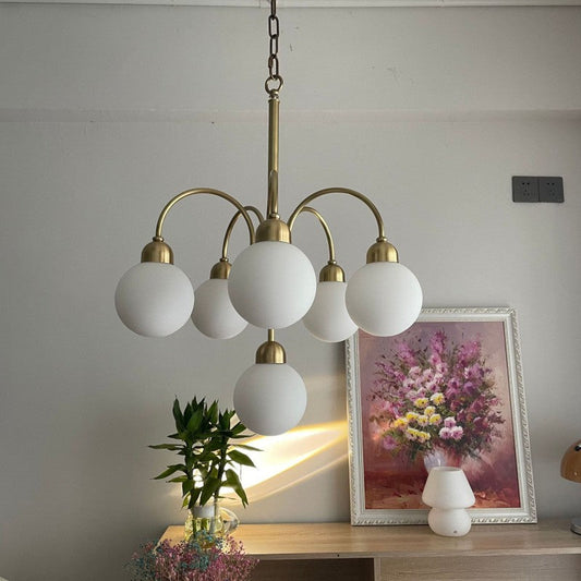 Modern Mid-Century Iron Arc Rod Glass Ball Shade 6-Light Chandelier For Living Room