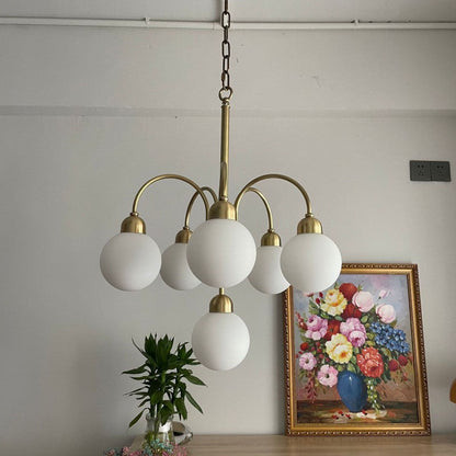 Modern Mid-Century Iron Arc Rod Glass Ball Shade 6-Light Chandelier For Living Room