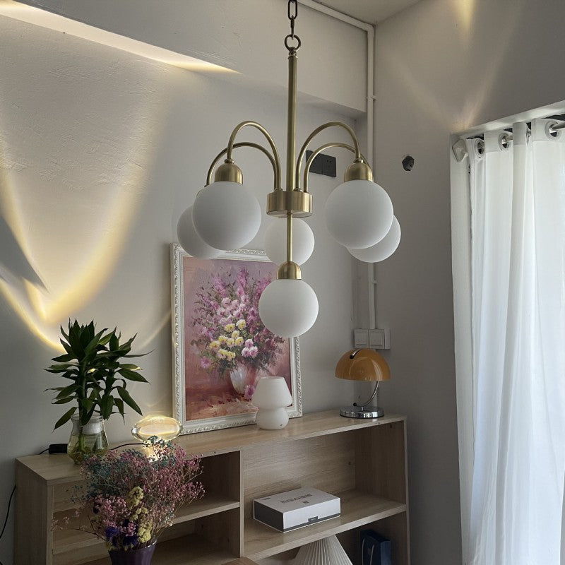 Modern Mid-Century Iron Arc Rod Glass Ball Shade 6-Light Chandelier For Living Room