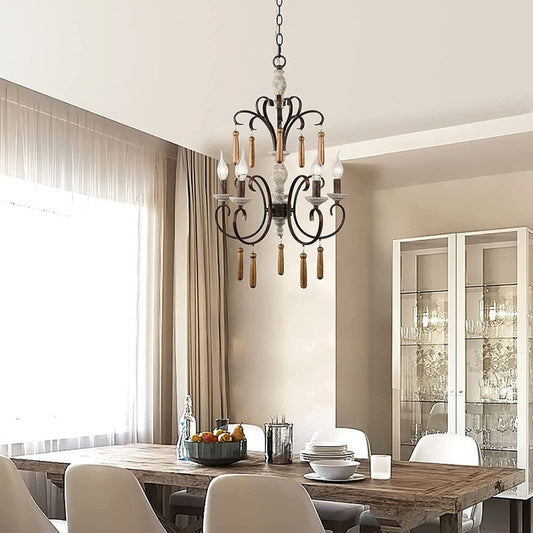 Traditional Rustic Distressed Solid Wood Curved Iron Candelabra 5-Light Chandelier For Living Room