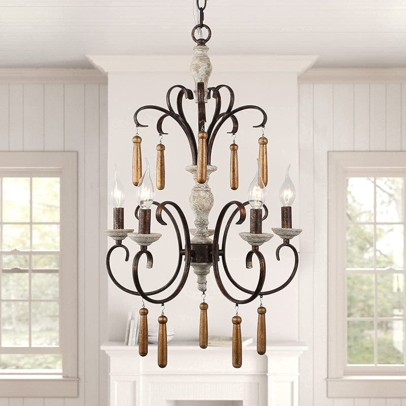 Traditional Rustic Distressed Solid Wood Curved Iron Candelabra 5-Light Chandelier For Living Room
