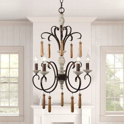 Traditional Rustic Distressed Solid Wood Curved Iron Candelabra 5-Light Chandelier For Living Room